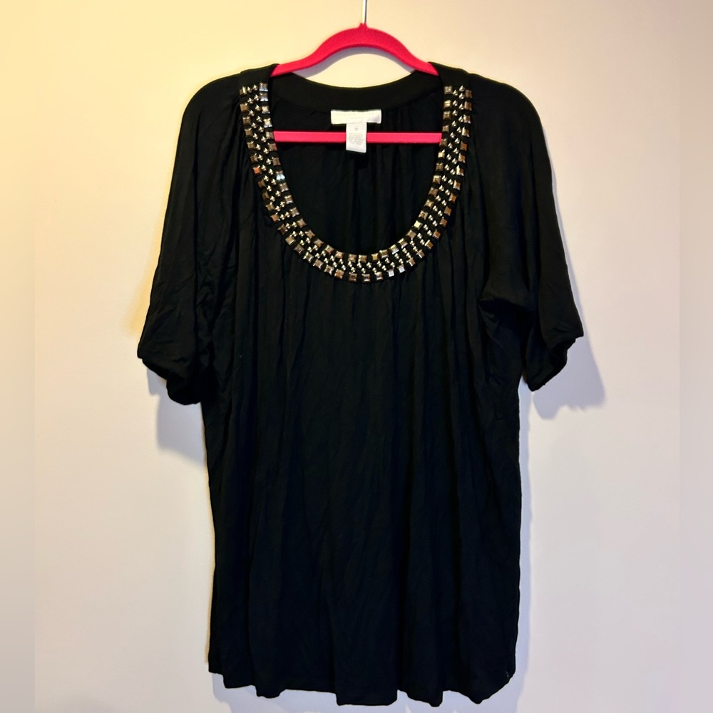 Women's Plus Size 2X Design History Black Beaded Neck‎ Short Sleeve Top Shirt
